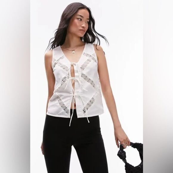 Lace Trim Tie Front Cotton & Linen Tank - Ivory NWT - Picture 1 of 8